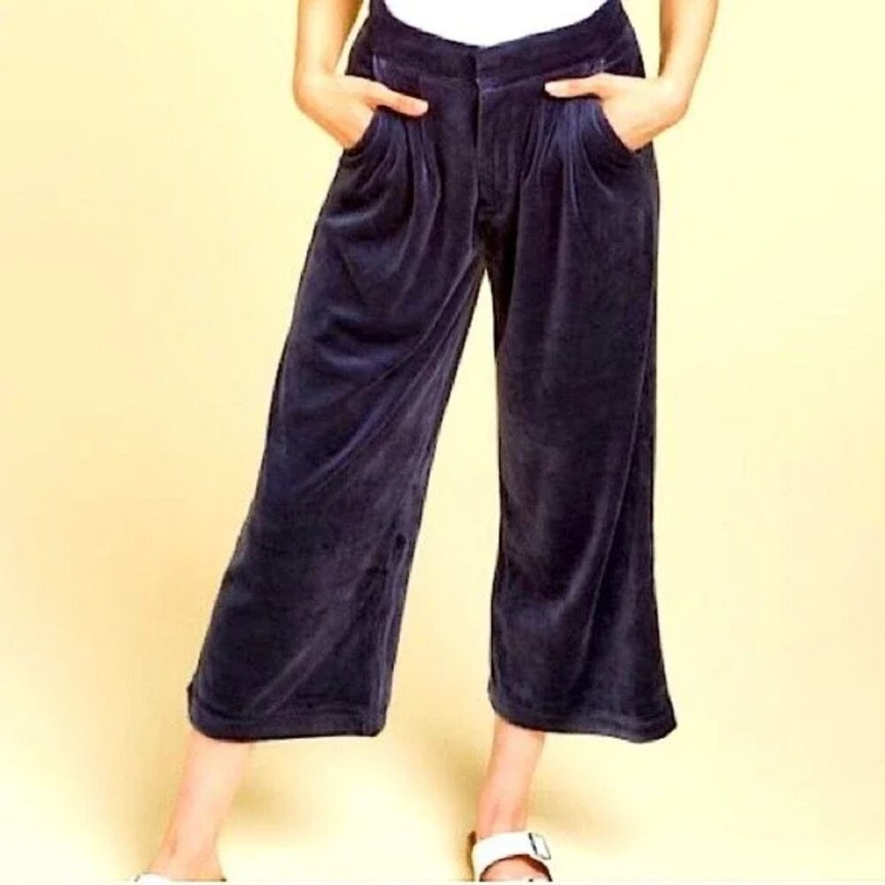 Juicy Couture Black Label Regal Blue Velour Cropped Wide Leg Pants Size Large